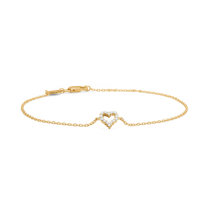 Guld armbånd med et hjerte besat med små diamanter i midten på en tynd guldkæde. Model 12345