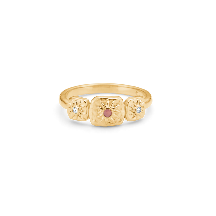 Three Fleur Ring fremviser en guldring med tre udsmykkede firkantede felter, midten med rød sten, Model7247959_2
