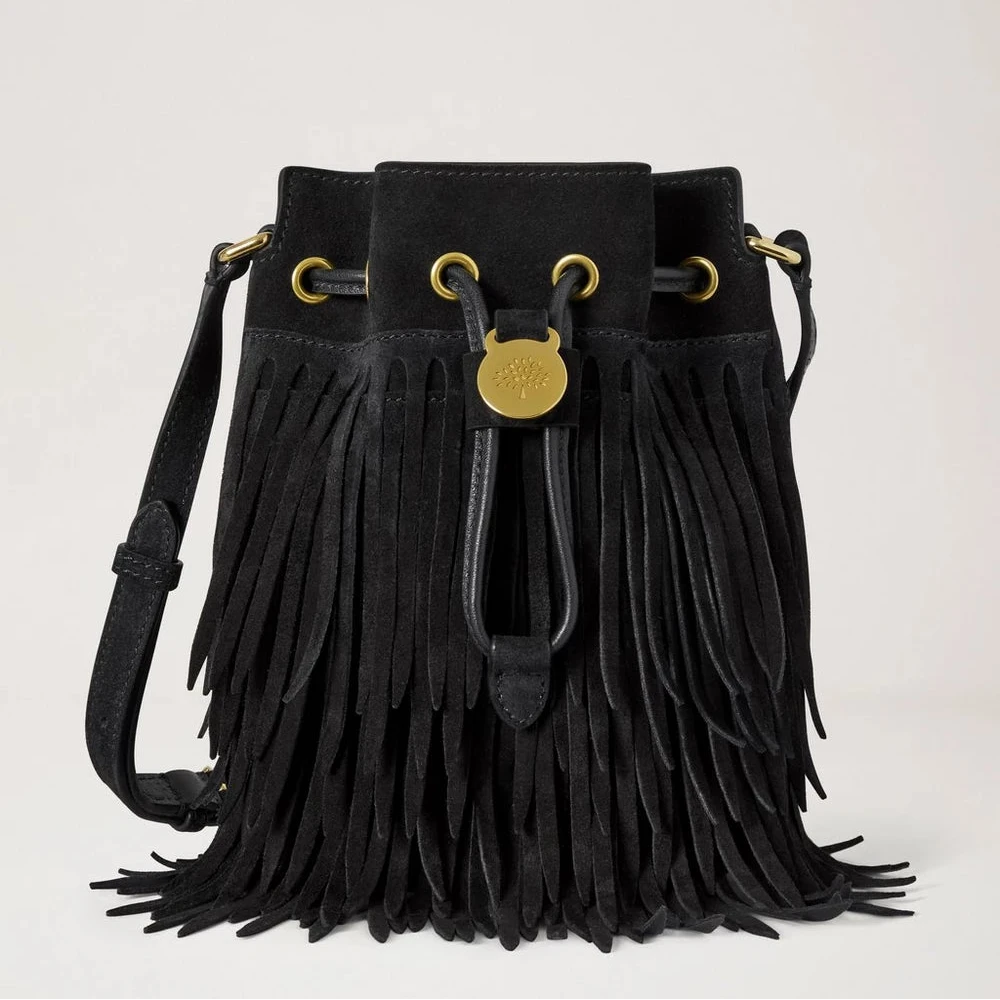 Mulberry Mini bucketväska med dragsko i mocka och fransar 