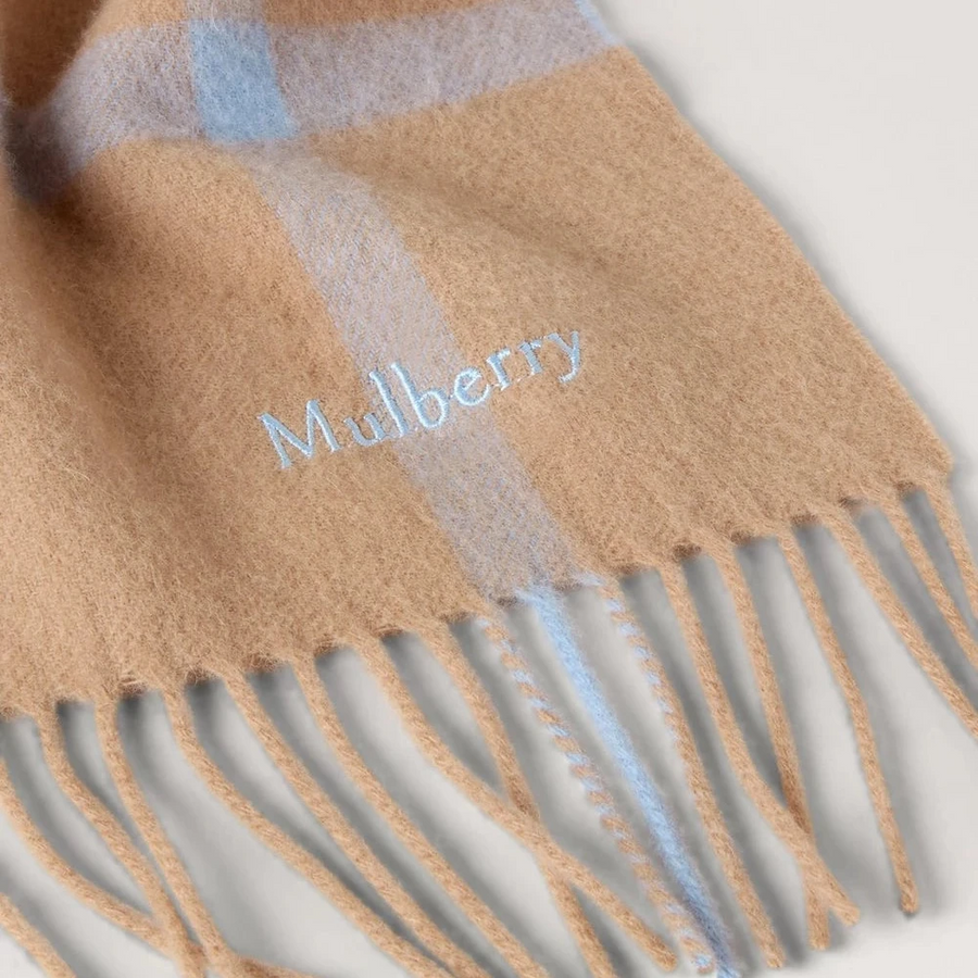 Mulberry Liten rutig Merinoullscarf Camel & Poplin Blue