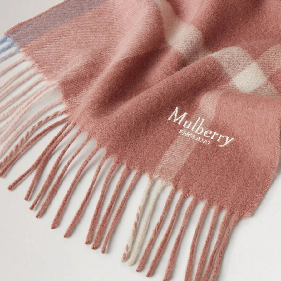 Mulberry Liten rutig Merinoull Scarf Höst Rose-Poplin Blå
