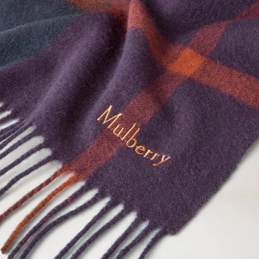Mulberry Liten rutig Merinoullscarf Juniper Green & Deep Aubergine