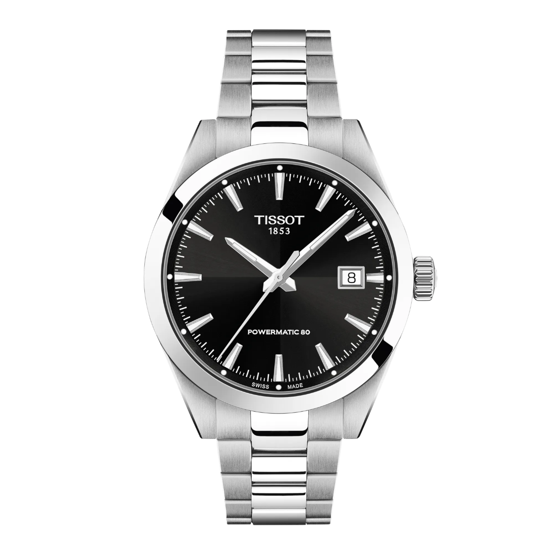 Tissot Powermatic 80 herreur med sort urskive og stålrem, klassisk design. ModelT1658071105100