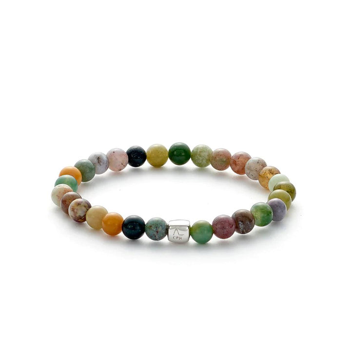 Alexander Lyngaard Armband Indian Agate 6mm med färgglada agatpärlor på vit bakgrund. Modell c00912-001