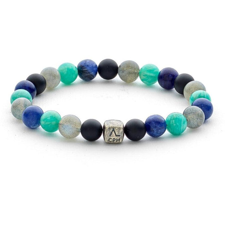 Alexander Lynggaard Armband Amsterdam 8mm visat med blå, gröna och grå pärlor och silverdetalj. Modell c10373-001-1.