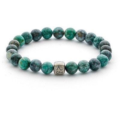 Alexander Lynggaard Armband Dioptase 8mm med gröna stenar och silverfärgad pärla, Modell c01040-001-1.