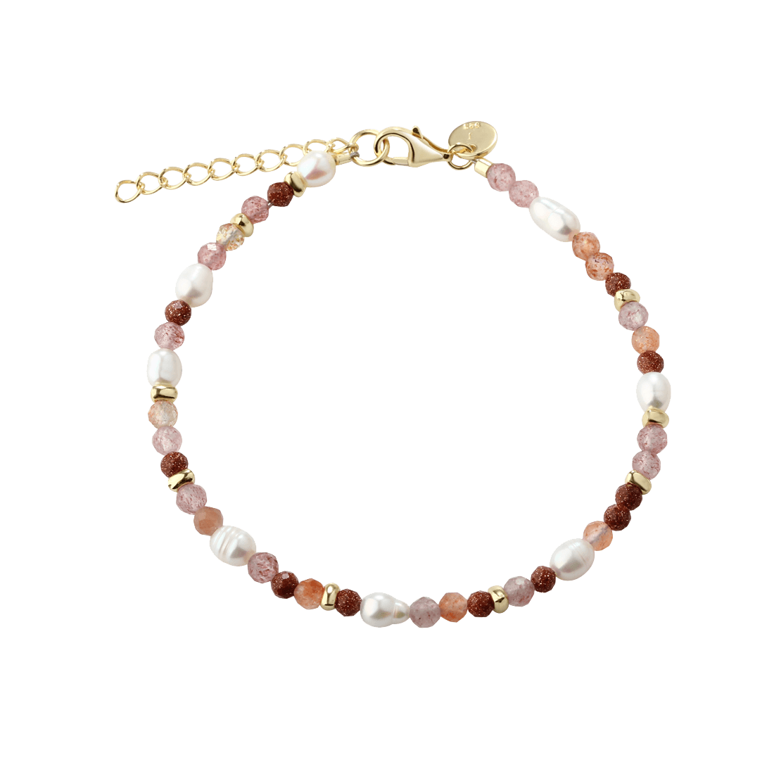 Aqua Dulce Peachy armband i guldpläterat silver med sötvattenspärlor och rosa stenar, modell 6250-1.
