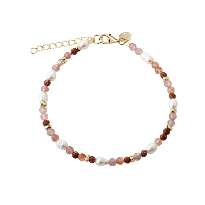 Aqua Dulce Peachy armband i guldpläterat silver med sötvattenspärlor och rosa stenar, modell 6250-1.