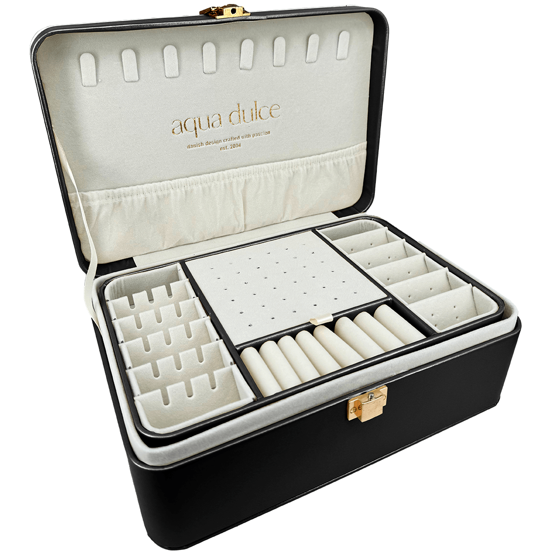 Aqua Dulce stor smyckeskrin i svart konstläder med öppet lock, flera fack och beige inredning. Modell 6070-1