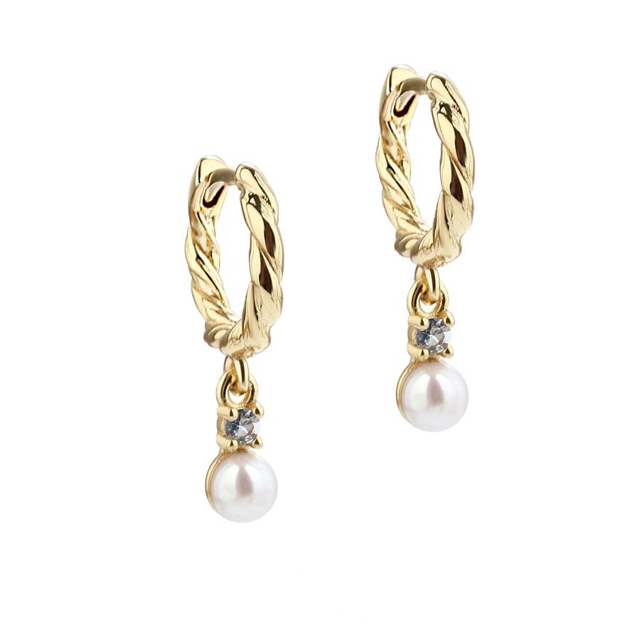 Aqua Dulce Twisted Sky Hoop guldpläterad med tvinnad guldfinish, sötvattenspärla och sten, modell 5649-1.