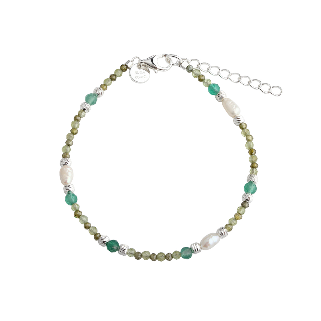 Aqua Dulce Verde Simple Armband i silver med gröna och vita pärlor, justerbar kedja. Modell 6704-1