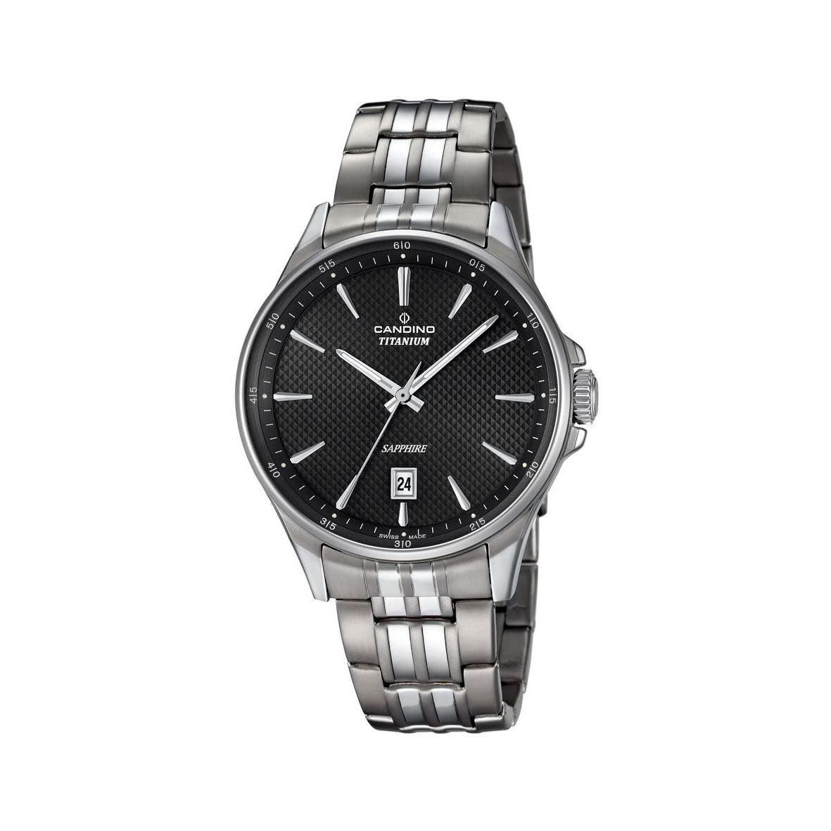 Candino herrklocka titanium C46064, klassisk klocka med svart urtavla och datum, modell C46064-1