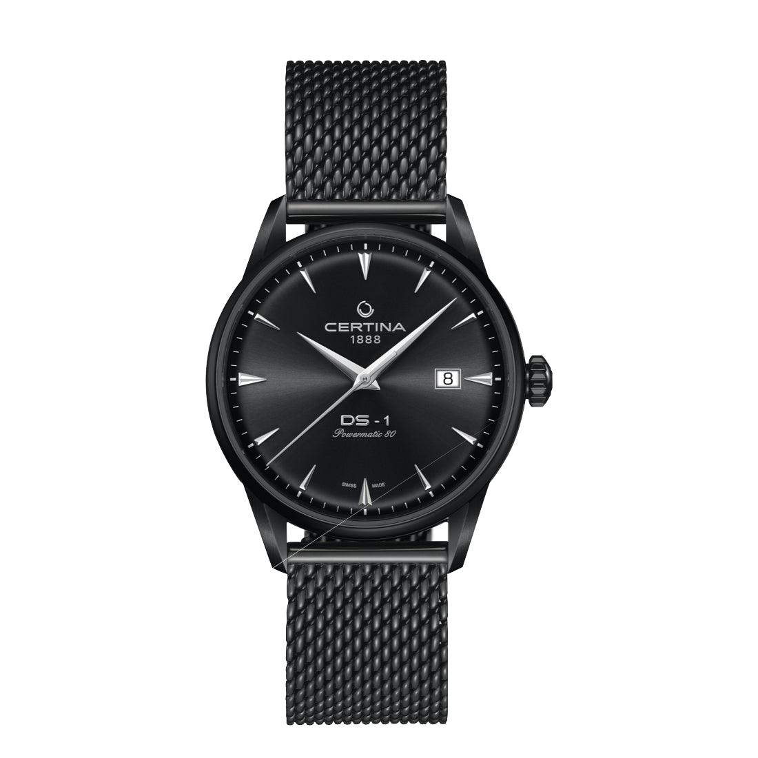 Certina DS-1 Automatic Black PVD-beläggning med svart nätrem och svart urtavla. Modell C0298073305100