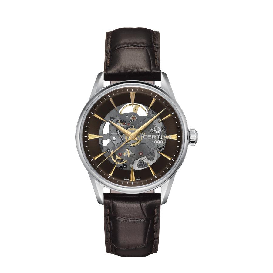Certina DS-1 Skelett C0299071608100 med brunt läderband och öppen urtavla i silver och guld. Modell C0299071608100