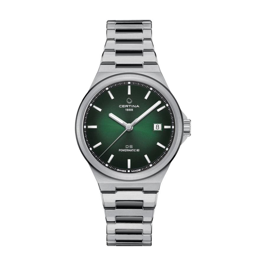 Certina DS-7 Powermatic 80 grön PVD-beläggning 39mm visar ett klassiskt armbandsur med grön urtavla och stålkedja. Modell C0434072209100