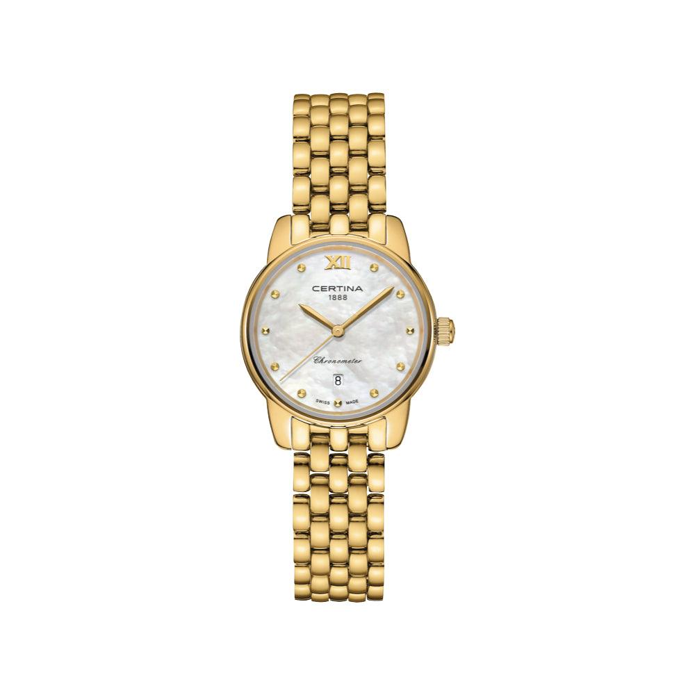 Certina DS-8 Damklocka i PVD-färgat guld med pärlemorskiva, gulddetaljer och datumvisning. Modell C0330513311800