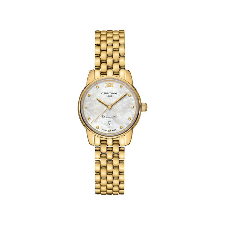 Certina DS-8 Damklocka i PVD-färgat guld med pärlemorskiva, gulddetaljer och datumvisning. Modell C0330513311800