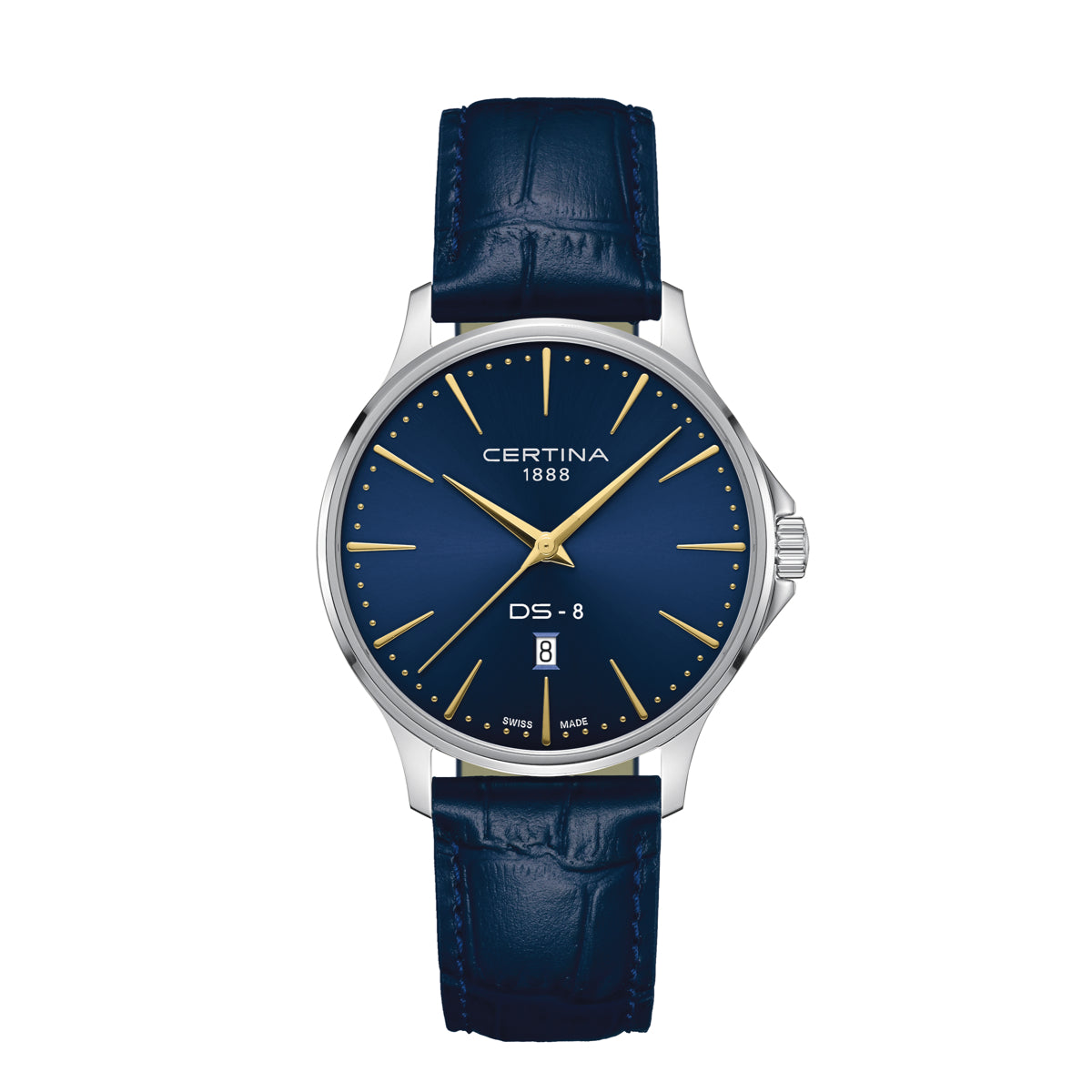 Certina DS-8 Gent 40mm med blått läderband, elegant urtavla i blått med guldmarkeringar, modell C0454101604100