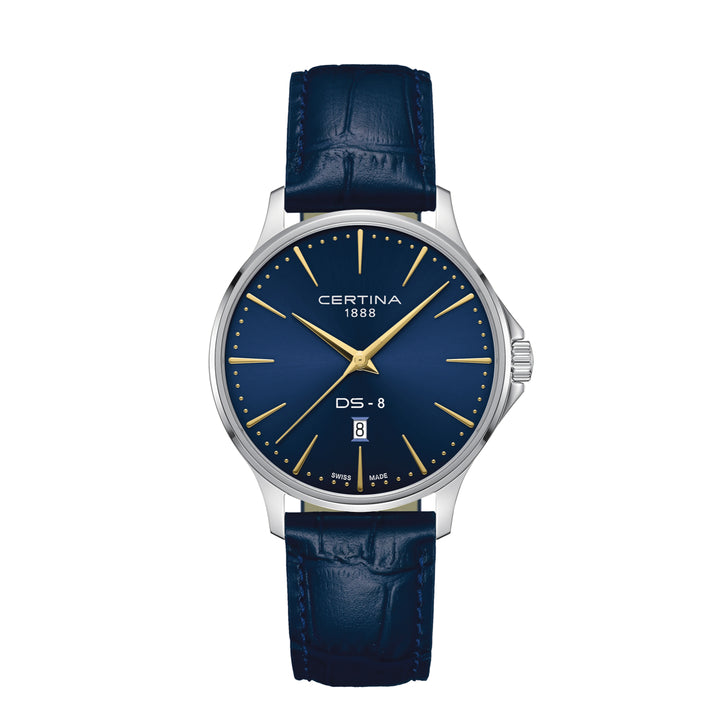 Certina DS-8 Gent 40mm med blått läderband, elegant urtavla i blått med guldmarkeringar, modell C0454101604100