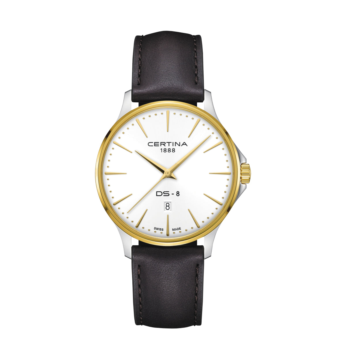 Certina DS-8 Gent 40mm med brunt läderband visar elegant klockfodral i guldlook och vit urtavla. Modell C0454102603100