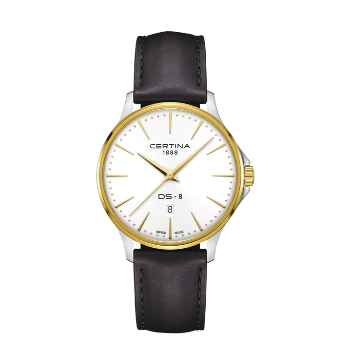 Certina DS-8 Gent 40mm med brunt läderband visar elegant klockfodral i guldlook och vit urtavla. Modell C0454102603100