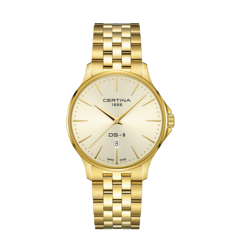 Certina DS-8 Gent Gold PVD 40 mm med gyllene urtavla och datumvisning, modell C0454103336100.