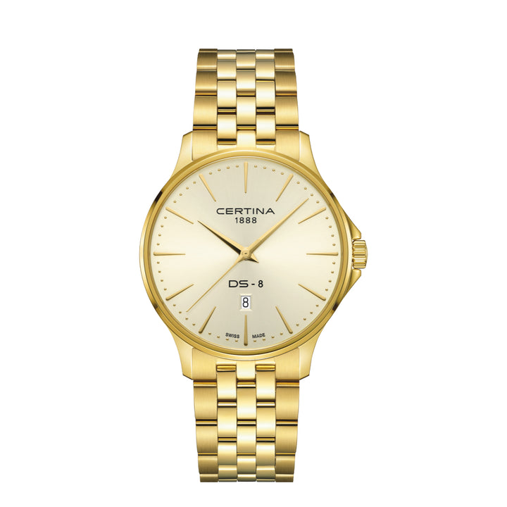 Certina DS-8 Gent Gold PVD 40 mm med gyllene urtavla och datumvisning, modell C0454103336100.