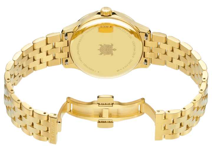 Certina DS-8 Gent guld PVD 40 mm med öppet viklås, detaljerat bakstycke och guldarmband.