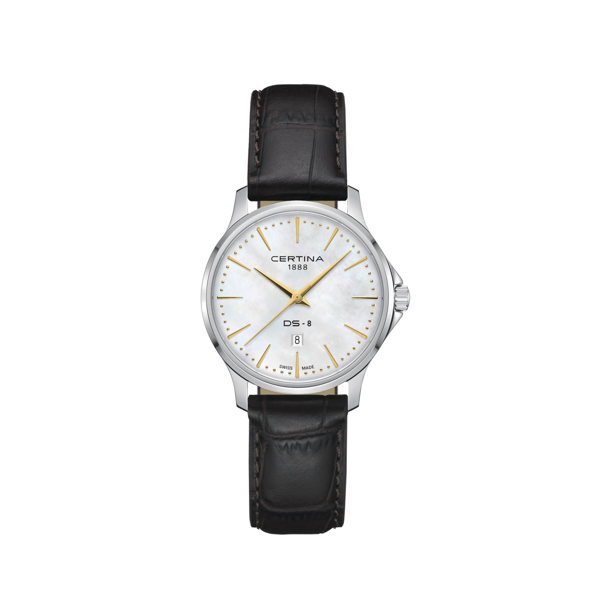 Certina DS-8 Lady 31mm med brunt läderband, elegant klocka med pärlemorurtavla och gulddetaljer. Modell C045.010.16.111.00