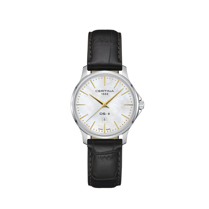 Certina DS-8 Lady 31mm med brunt läderband, elegant klocka med pärlemorurtavla och gulddetaljer. Modell C045.010.16.111.00