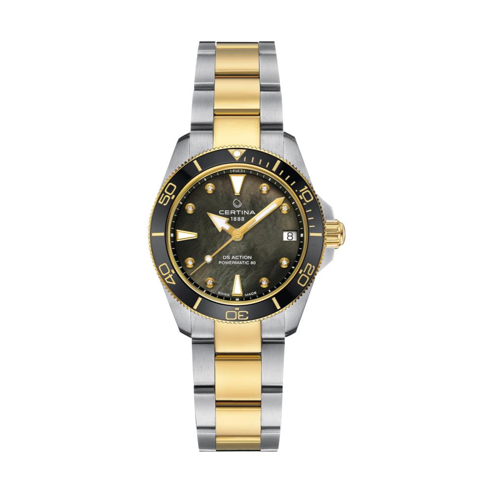 Certina DS Action 34,5 mm Powermatic 80 M diamanter, tvåfärgad klocka med svart pärlemorskiva och diamantmarkeringar. Modell C0320072212600