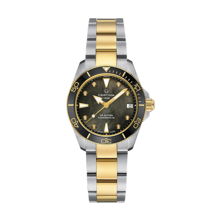 Certina DS Action 34,5 mm Powermatic 80 M diamanter, tvåfärgad klocka med svart pärlemorskiva och diamantmarkeringar. Modell C0320072212600
