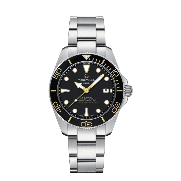 Certina DS Action Diver 40 mm Powermatic 80 med svart urtavla, gulddetaljer och stållänk. Modell C0484071105101