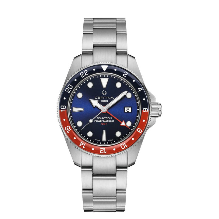Certina DS Action GMT Powermatic 80 med blå urtavla, stålboett och kedja. Modell C0329291104100.