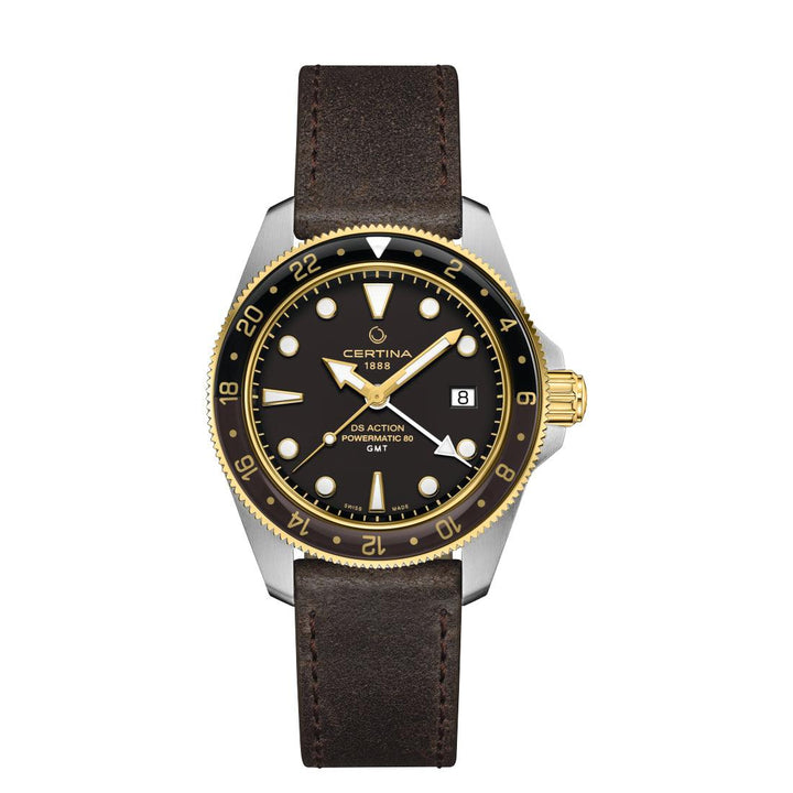 Certina DS Action GMT Powermatic 80 med svart urtavla, gulddetaljer och brunt läderband. Modell C0329292605100