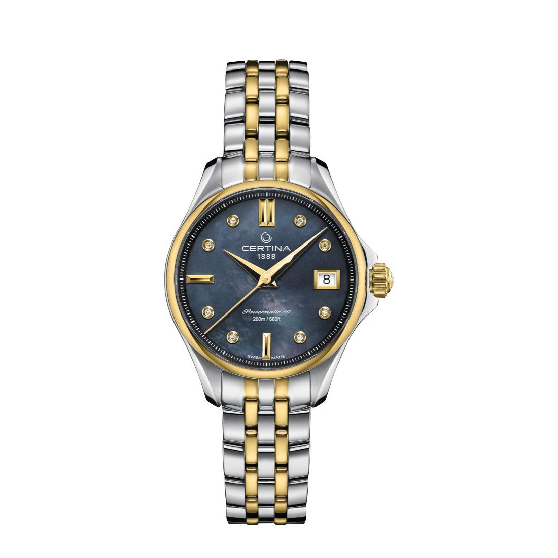 Certina DS Action Powermatic 80 damklocka med svart pärlemorurtavla och tvåfärgad stålkedja. Modell C0322072212600