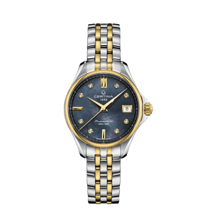 Certina DS Action Powermatic 80 damklocka med svart pärlemorurtavla och tvåfärgad stålkedja. Modell C0322072212600