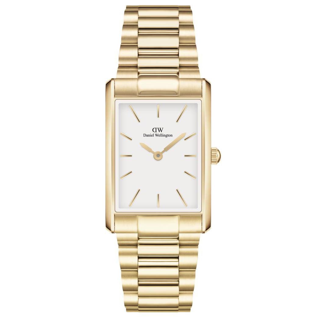 Daniel Wellington Bound Link Guld Vit fyrkantig damklocka med elegant guldarmband och vit urtavla. Modell ADW00100703