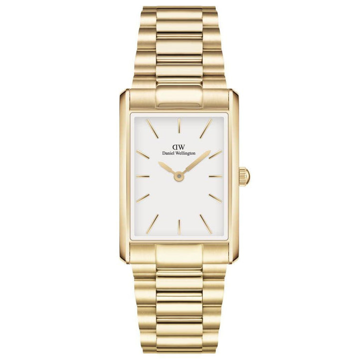 Daniel Wellington Bound Link Guld Vit fyrkantig damklocka med elegant guldarmband och vit urtavla. Modell ADW00100703
