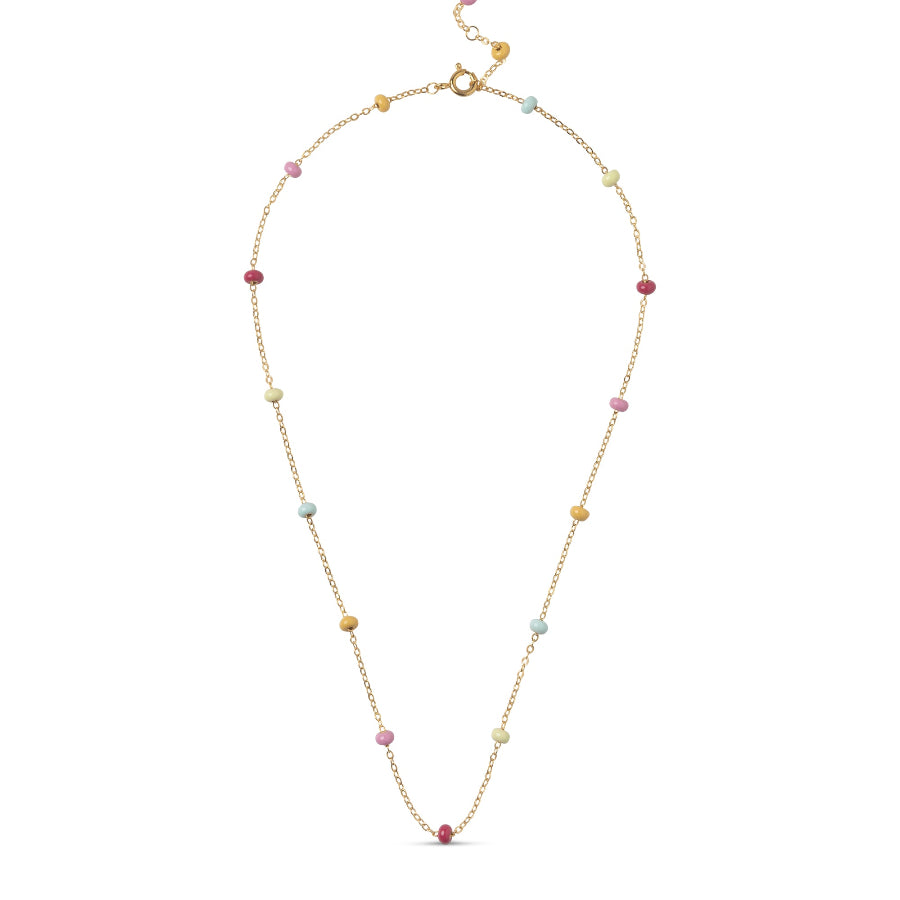 enamel lola bollhalsband regnbåge i guldpläterat silver, kedja med färgglada pärlor på vit bakgrund. Modell n137g-rainbow-1