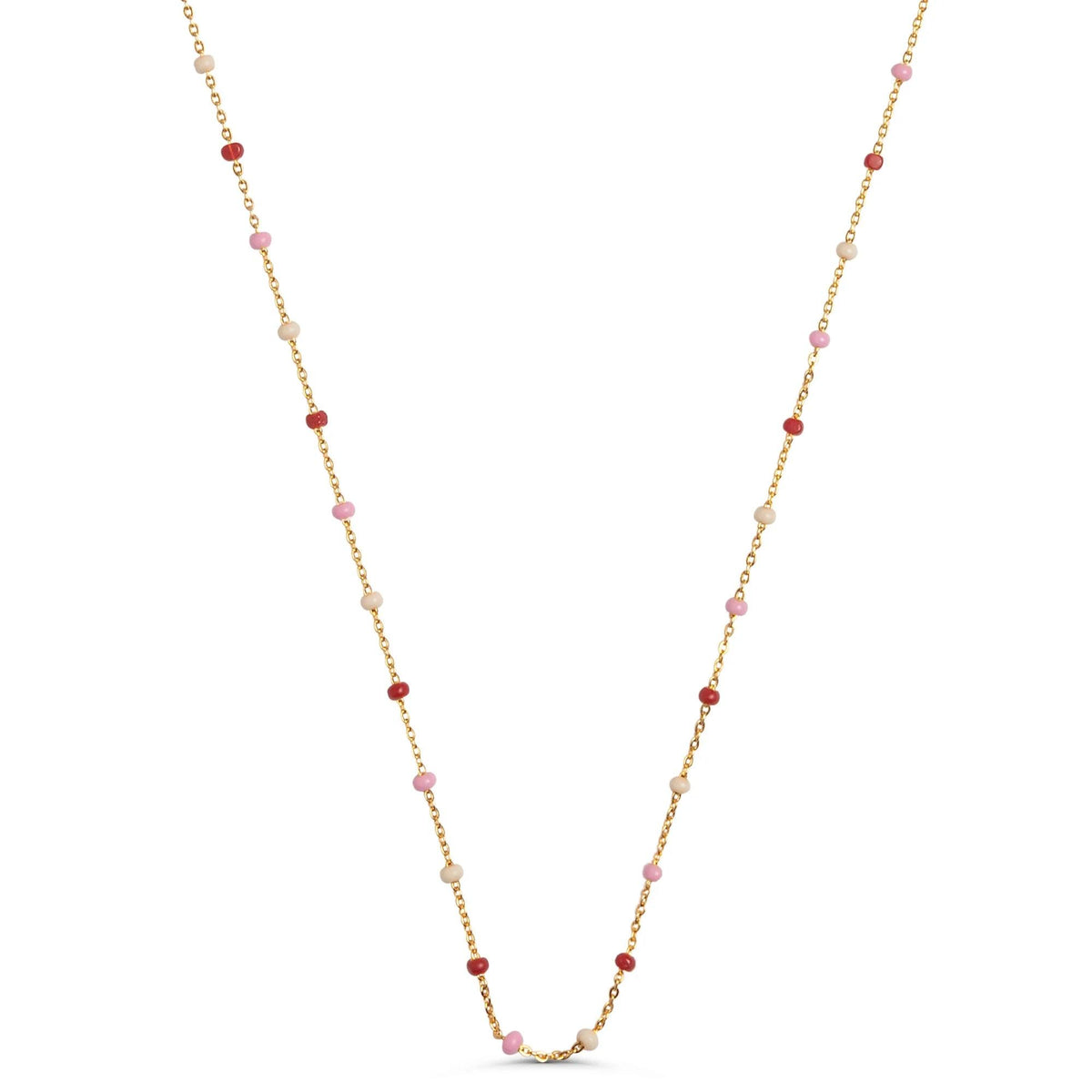enamel lola rosie halsband visar en fin guldkedja med små pärlor i rosa, rött och beige, modell N55G-ROSIE