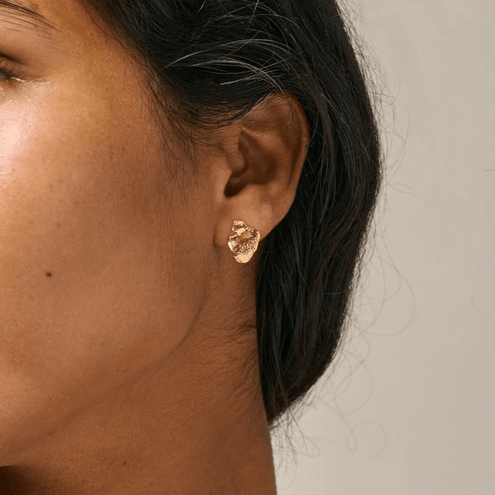 enamel maia små dubbar guldpläterade dubbar visas på örat, organisk form i glänsande guldfinish. Modell e386gm