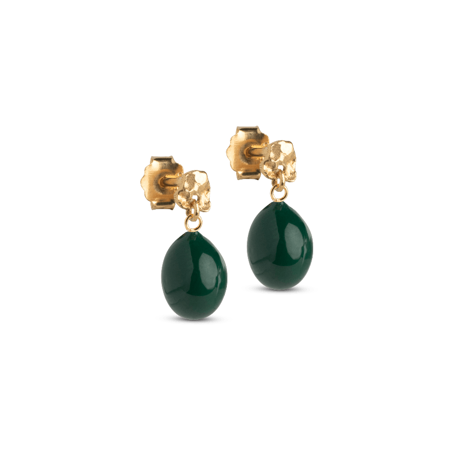 enamel-poe-studs-guld-pläterade-e385gm-petrol green med glänsande petrolgrön droppe och guldpläterade öronproppar. Modell e385gm-petrolgreen-1