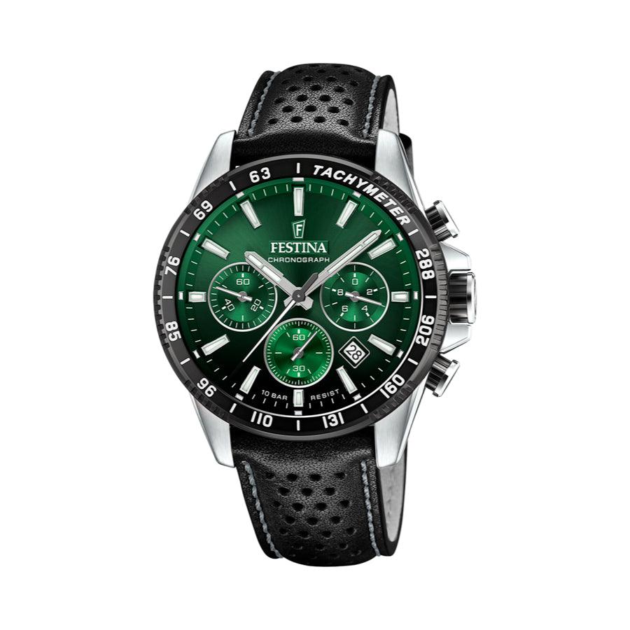 Festina Chrono Sport Herrklocka med grön urtavla, svart perforerat läderband och stål, modell 205615-205615-1