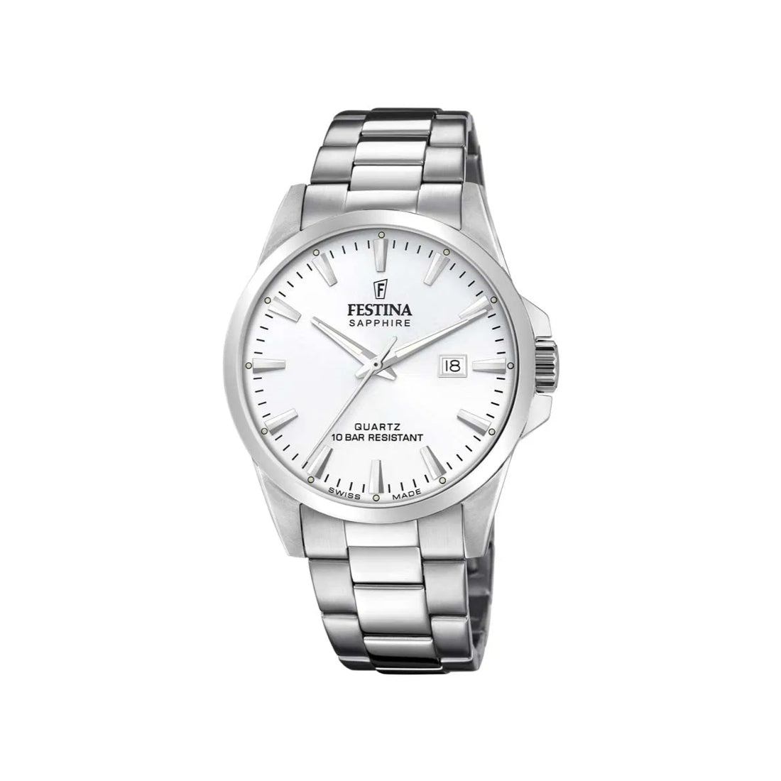 Festina Swiss Made Men's Watch F200242 shows a silver colored steel men's watch with a white dial. Modell F200242-1.