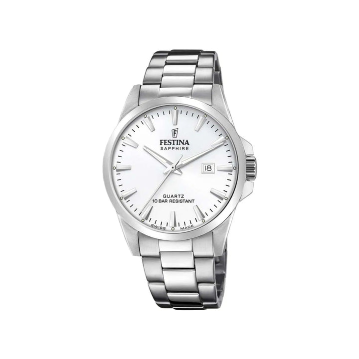 Festina Swiss Made Men's Watch F200242 shows a silver colored steel men's watch with a white dial. Modell F200242-1.