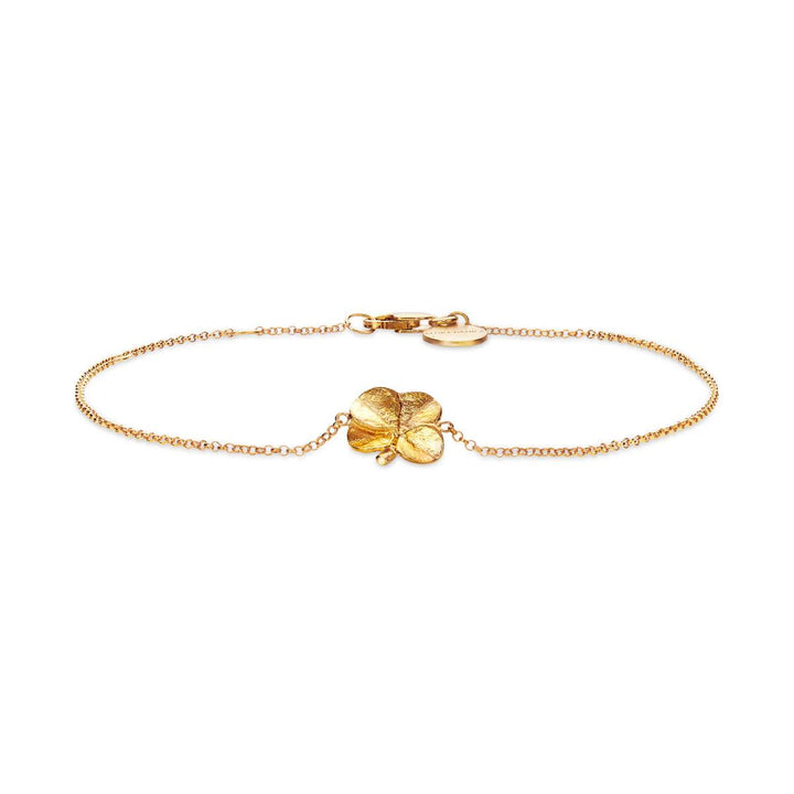 Flora Danica Fyrklöverarmband 18kt guld visat framifrån, klassisk kedja med fyrklöverhänge, modell FLC-BR-18K-G-1.