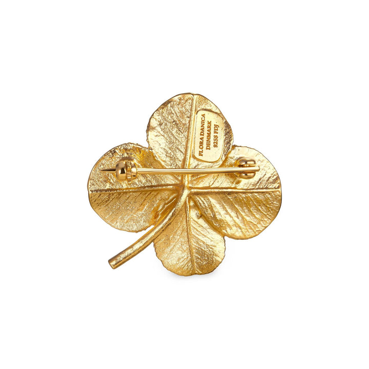 Flora Danica Fyrklöverbrosch Silver Förgylld, detalj på ryggen med spänne och bladstruktur, modell 907-FLC-BRO-G-2