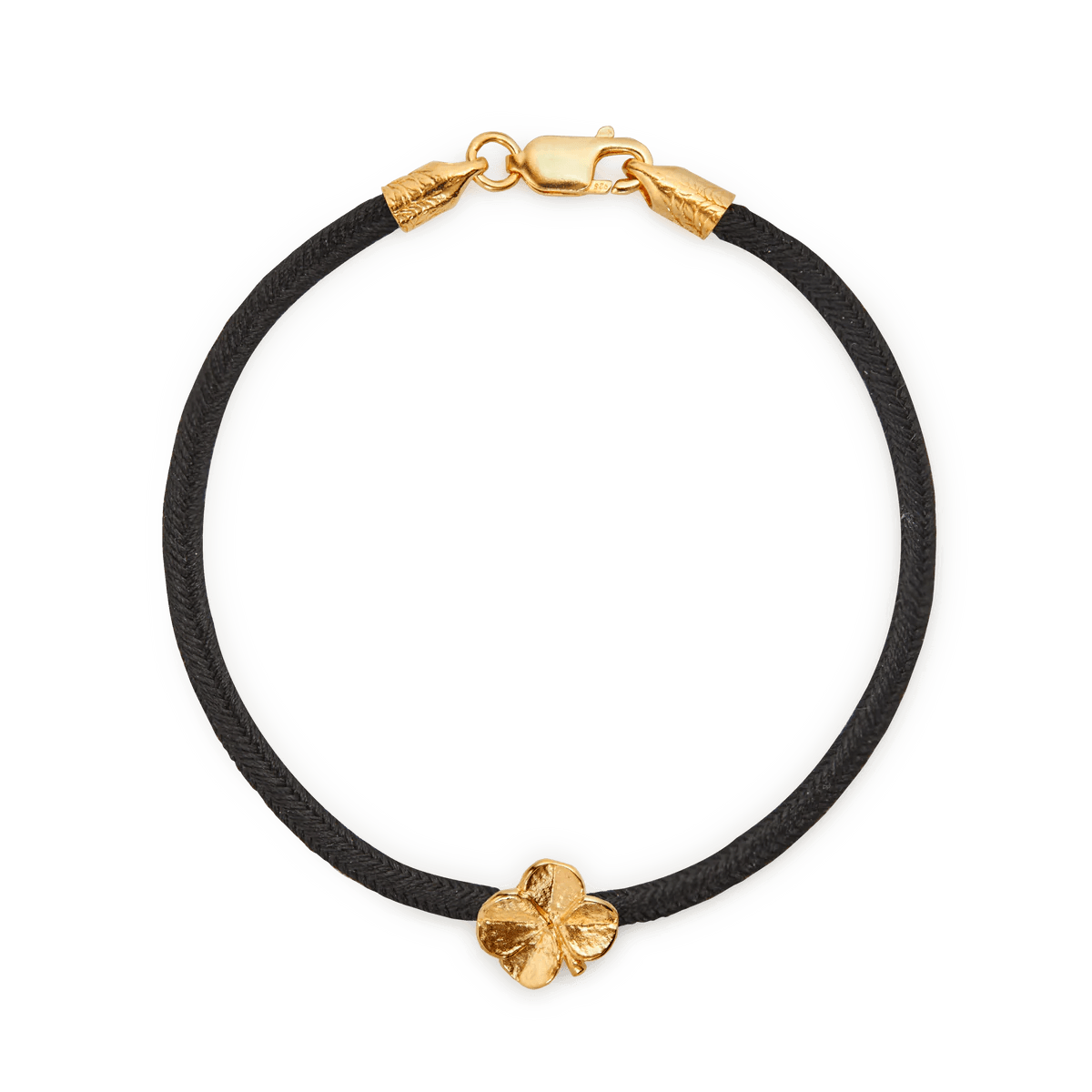 Flora Danica fyrklöver sidenarmband svart med förgylld klöverdetalj och stängning, Modell 907-flc-silke-svart-g-001-1.