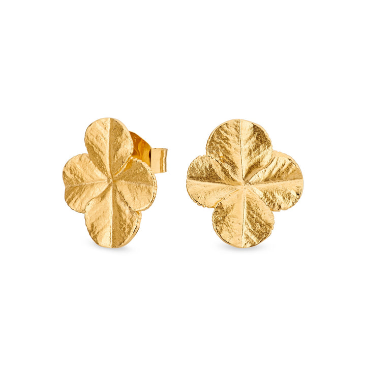 Flora Danica Clover Statement Studs visar två gyllene, fyrfångade dubbar med en glansig, matt finish. Modell 907-FLC-STPC